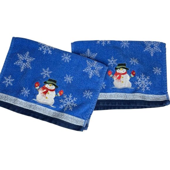 Linens N Things Set of 2 Hand Towels Snowman Holiday Christmas Blue White Red - Picture 1 of 8